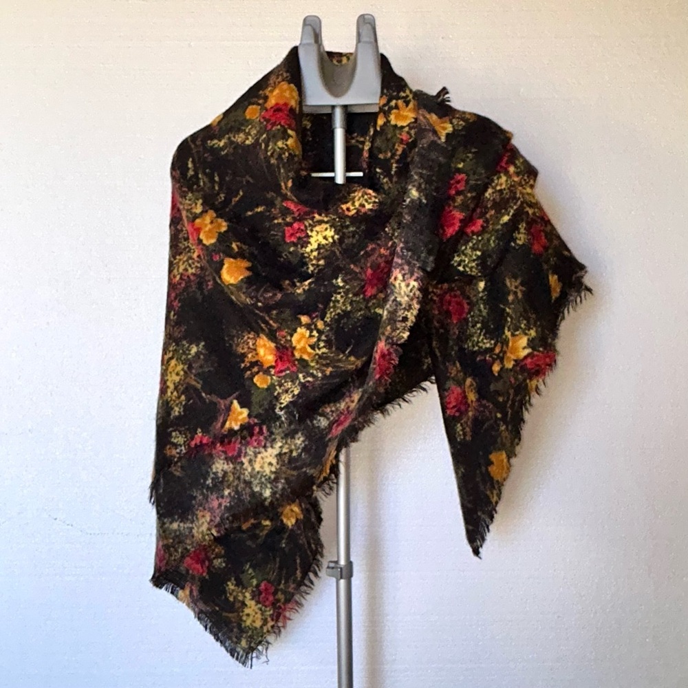 Floral Oversized Shawl Wrap Scarf Black Red Gold 54x54 Fringe